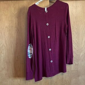 Burgundy Button-Up Shirt with Plaid Elbow Patch
